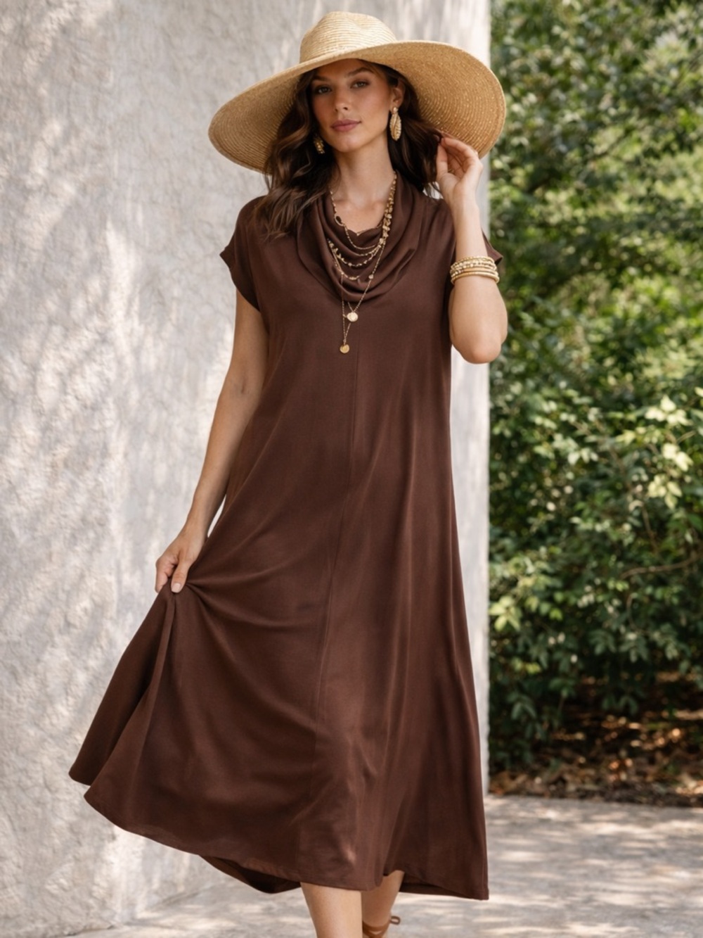 Zara Chocolate Brown Boho Midi Dress | Flowy Resort Chic | Size L